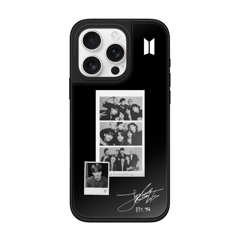 BTS-inspired black polaroid collage editable Pixvoices phone case design template