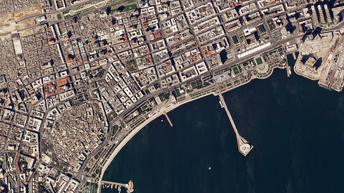 Aerial view of the Baku City Circuit beside the Caspian Sea