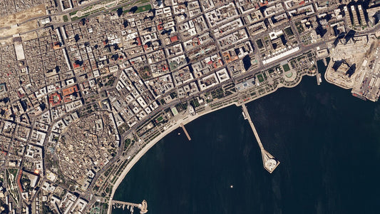 Aerial view of the Baku City Circuit beside the Caspian Sea