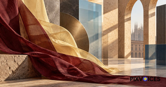 Abstract textile folds, warm stone arches, glass panels, and late-September city light