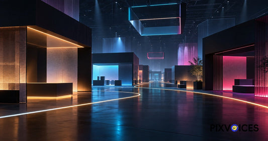 Abstract exhibition hall with luminous paths and modular display spaces