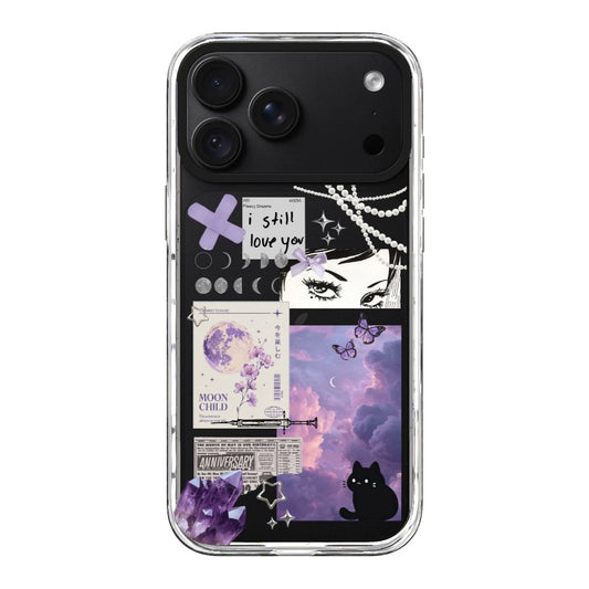 Purple Moon Phone Case Customizable – Black Cat & Dreamy Collage | Pixvoices [7242]