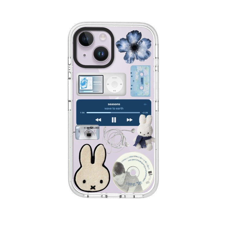 Wave to Earth Seasons custom phone case with Miffy plush, blue iPod, cassette tape, CD and flower collage on clear case