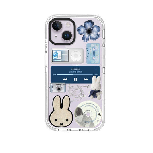 Wave to Earth Seasons custom phone case with Miffy plush, blue iPod, cassette tape, CD and flower collage on clear case