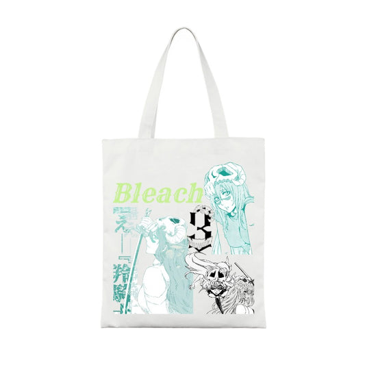 Anime-inspired custom canvas tote bag with pale teal manga-style character artwork and black emblem design
