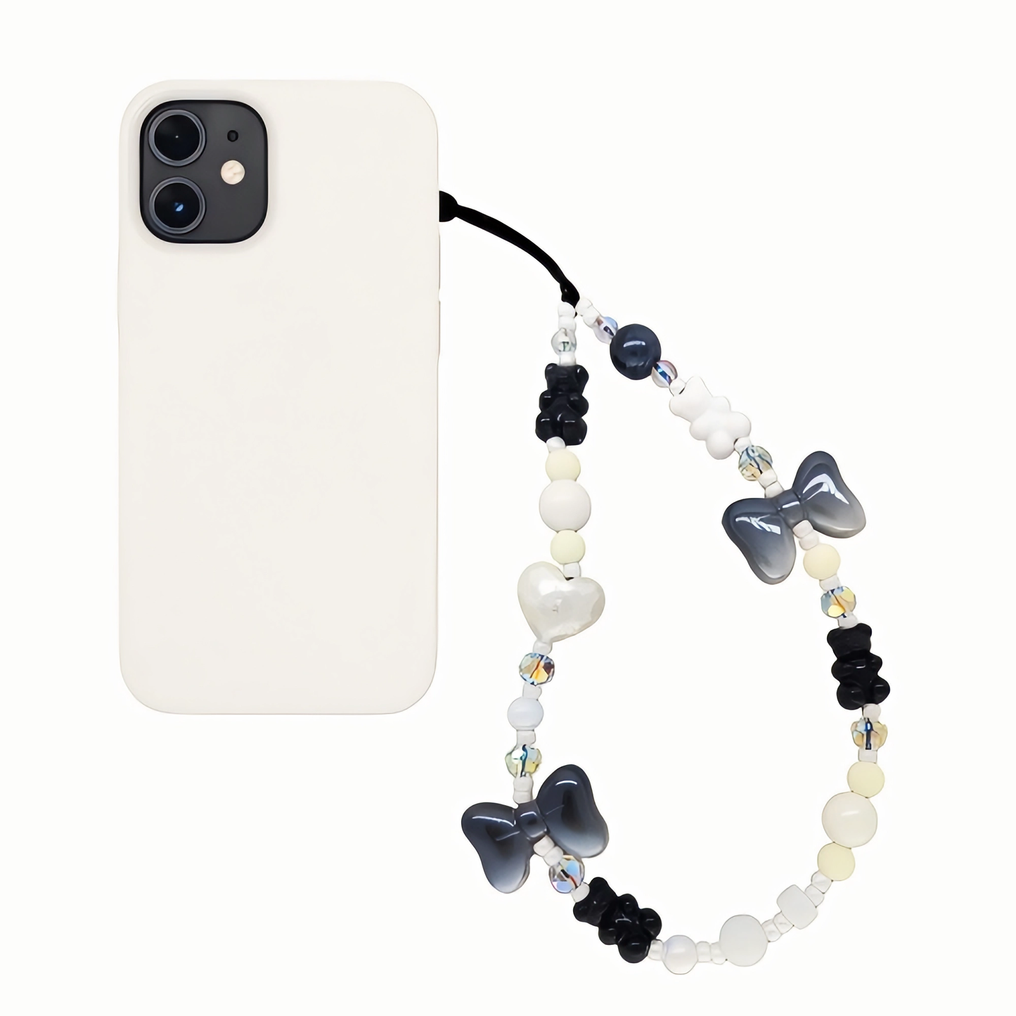 Monochrome Muse – Bow & Bead Phone Charm