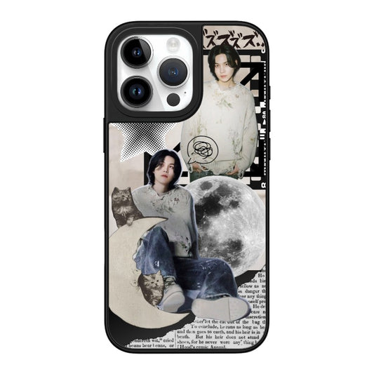 Customizable Aesthetic Moon & Cat iPhone Case – Monochrome Collage with K-Pop Inspired Soft Boy Style
