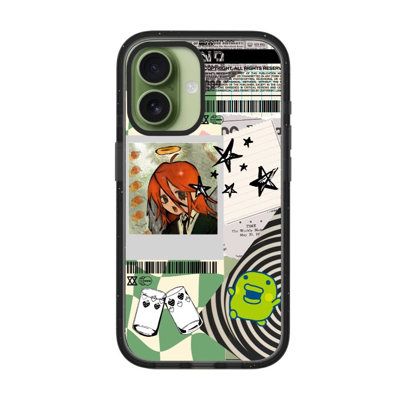 Anime-inspired custom phone case with green Y2K collage, character stickers, stars and manga-style artwork
