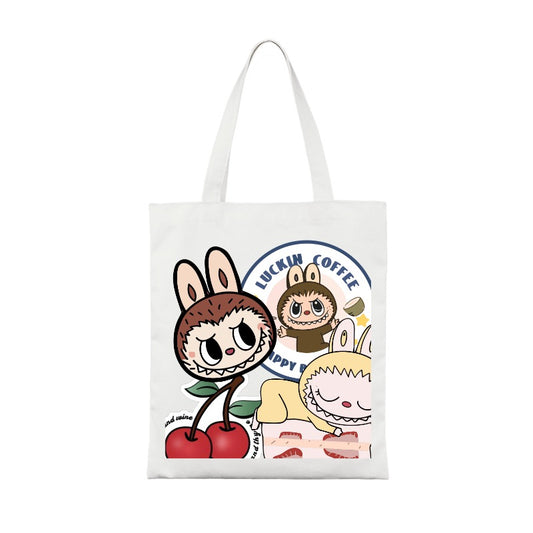 Customizable Labubu-Inspired Tote Bag – Ugly Cute Monster Bunny Style with Coffee & Cherry Vibes