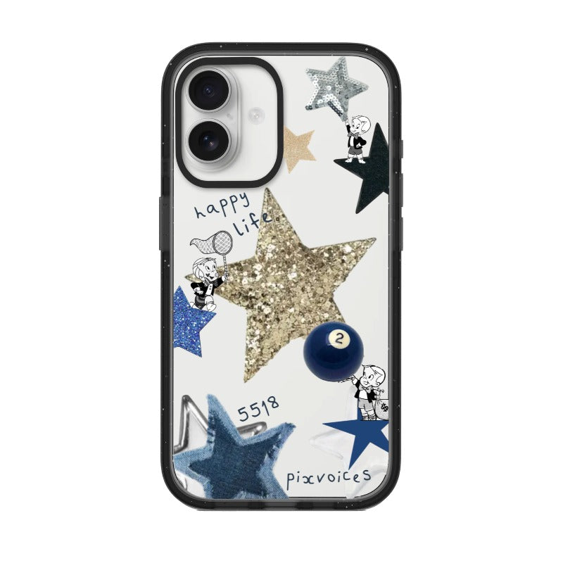 Anpassbare Glitzer-Stern-Handyhülle – Happy Life Retro-Cartoon-Collage – pixvoices