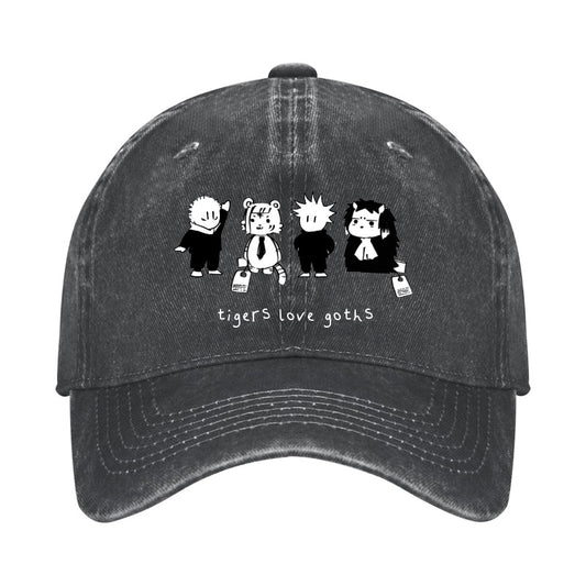 A black baseball cap with a white graphic print of various cartoon characters and the text 'tiger's love goths'.