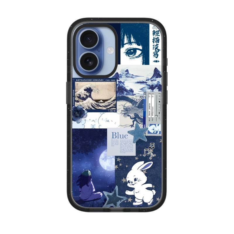 NewJeans Blue Aesthetic Phone Case Hokusai Ink Art Mood Board editable Pixvoices design template