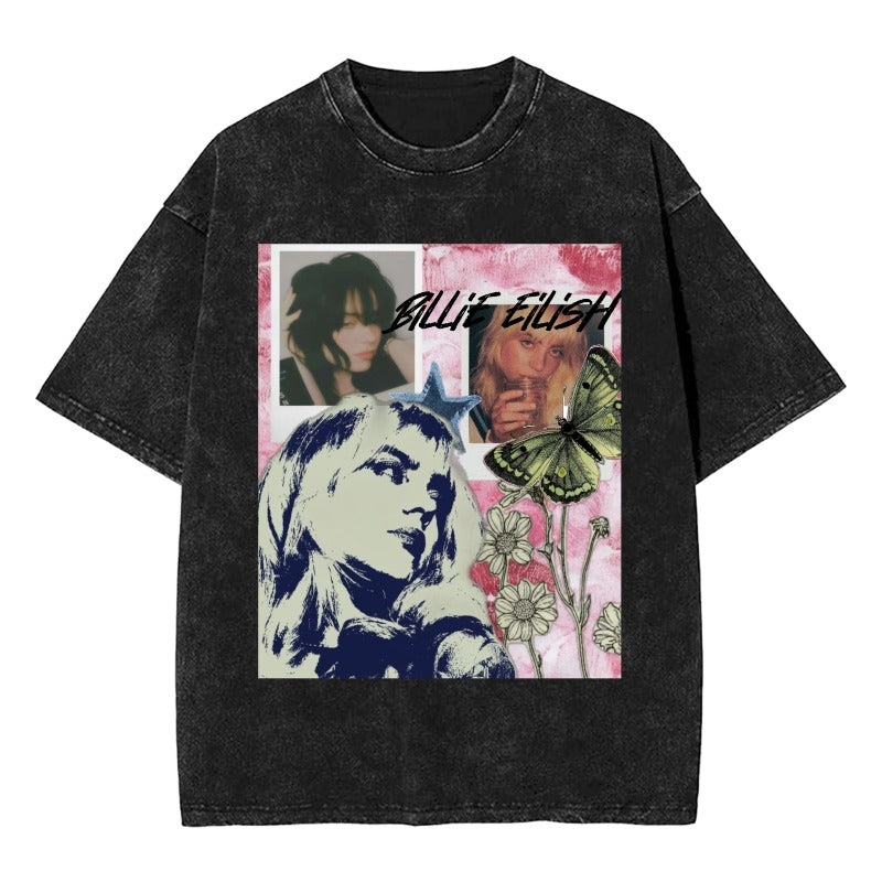 Custom Grunge Floral Muse T-Shirt – Faded Icons & Butterflies [1092]