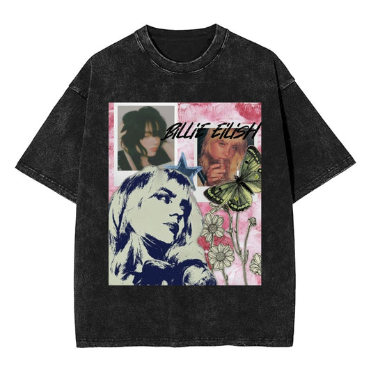 Custom Grunge Floral Muse T-Shirt – Faded Icons & Butterflies [1092]